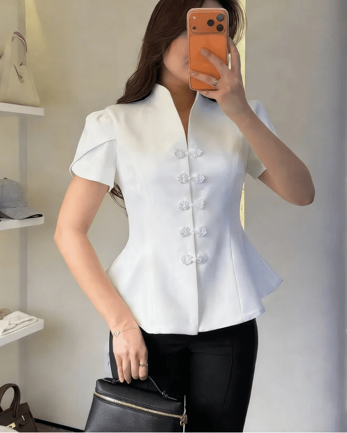 SOERA Bianca Knot Button Stand Collar Top - Top -  White L