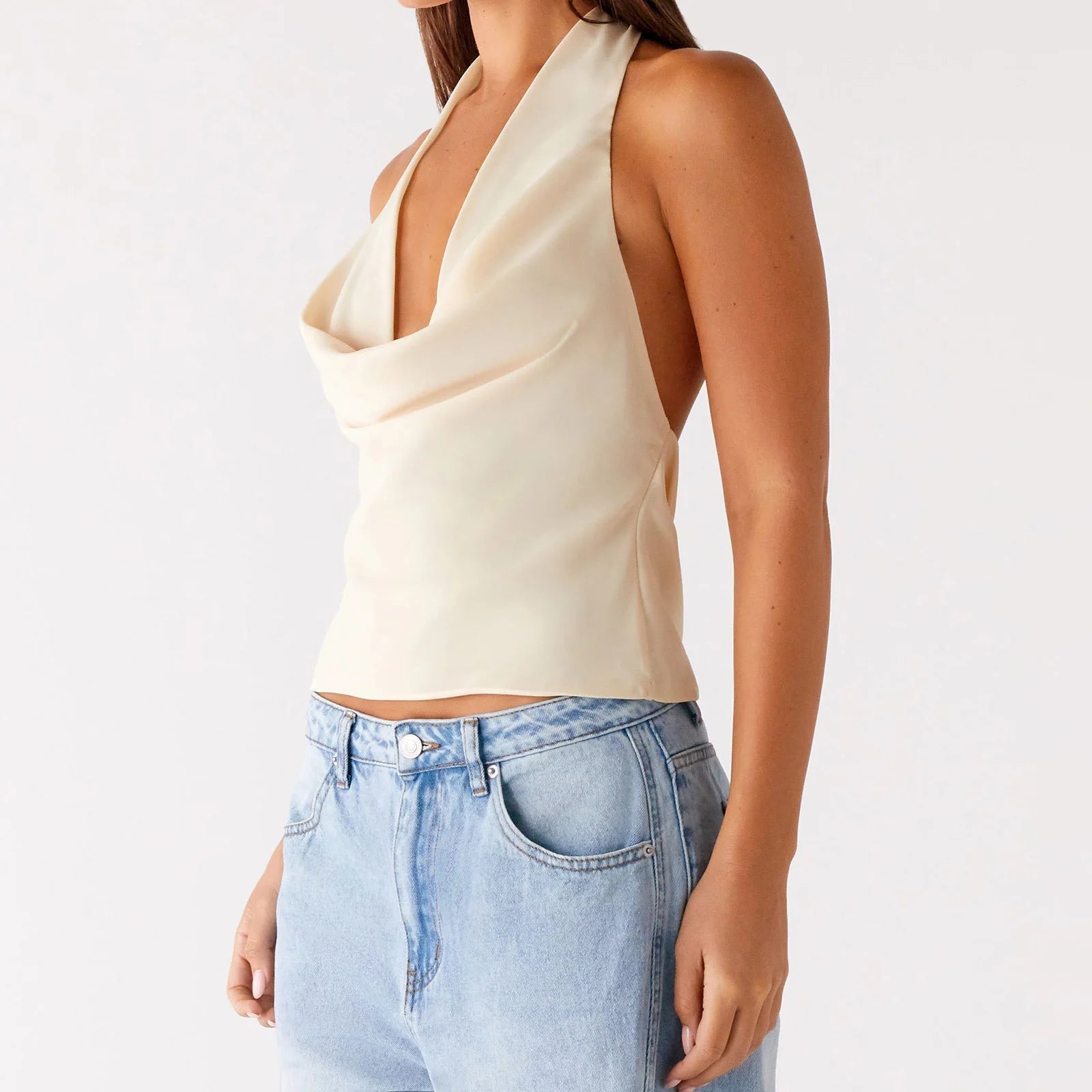 SOERA Addison Deep Neck Halter Tank Top - Tops - tp1774532669750138566 Beige L