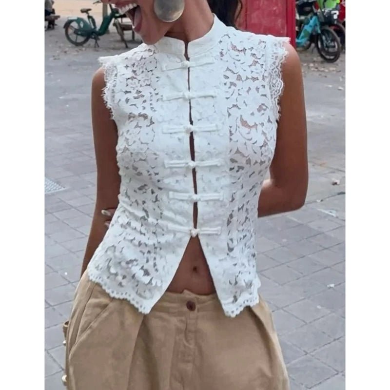 SOERA Beatrix Sheer Lace Mandarin Collar Blouse - Tops -  White S