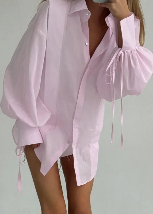 SOERA Isabella Oversized Ribbon-Tie Puff Sleeve Shirt - Tops -  Pink S
