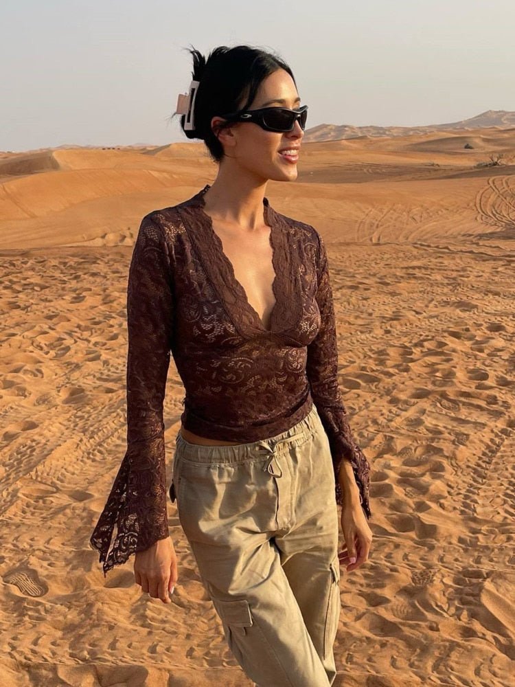 SOERA Lerna V-Neck Lace Top - Tops -  Brown XS