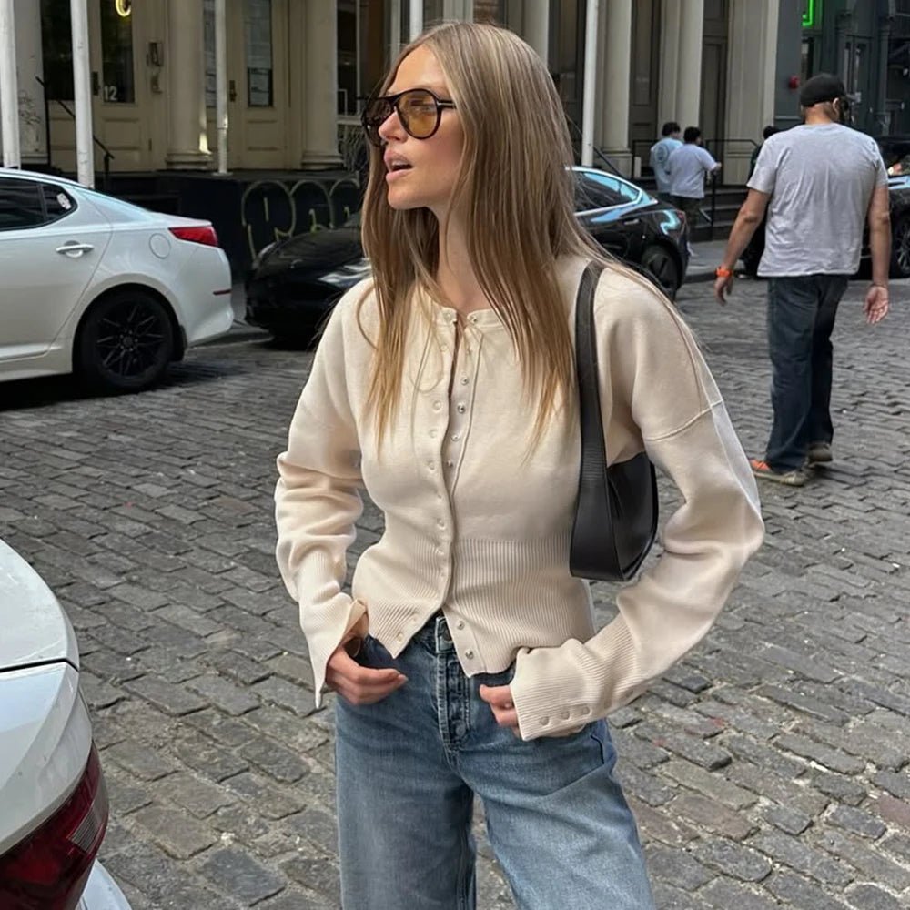 SOERA Shelly Snap Button Knit Cardigan - Tops - 1005008470676796-;Wg1761640573850141954 Creme S