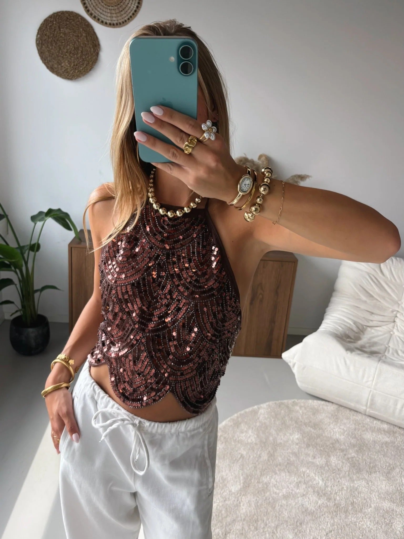 SOERA Sophia Sequin Halter Top - Tops -  Bronze XS