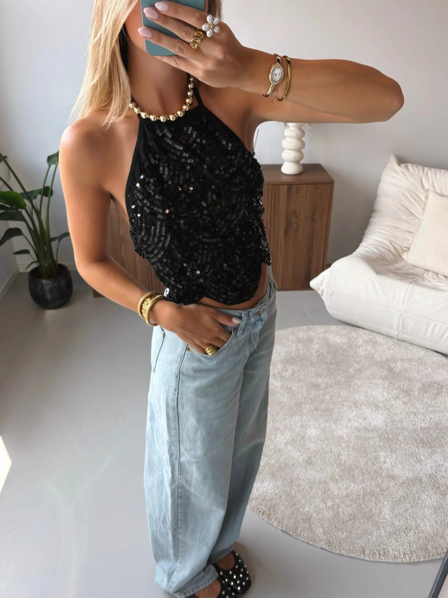 SOERA Sophia Sequin Halter Top - Tops - SOERA-695491-S-BLACK-30979 Black S