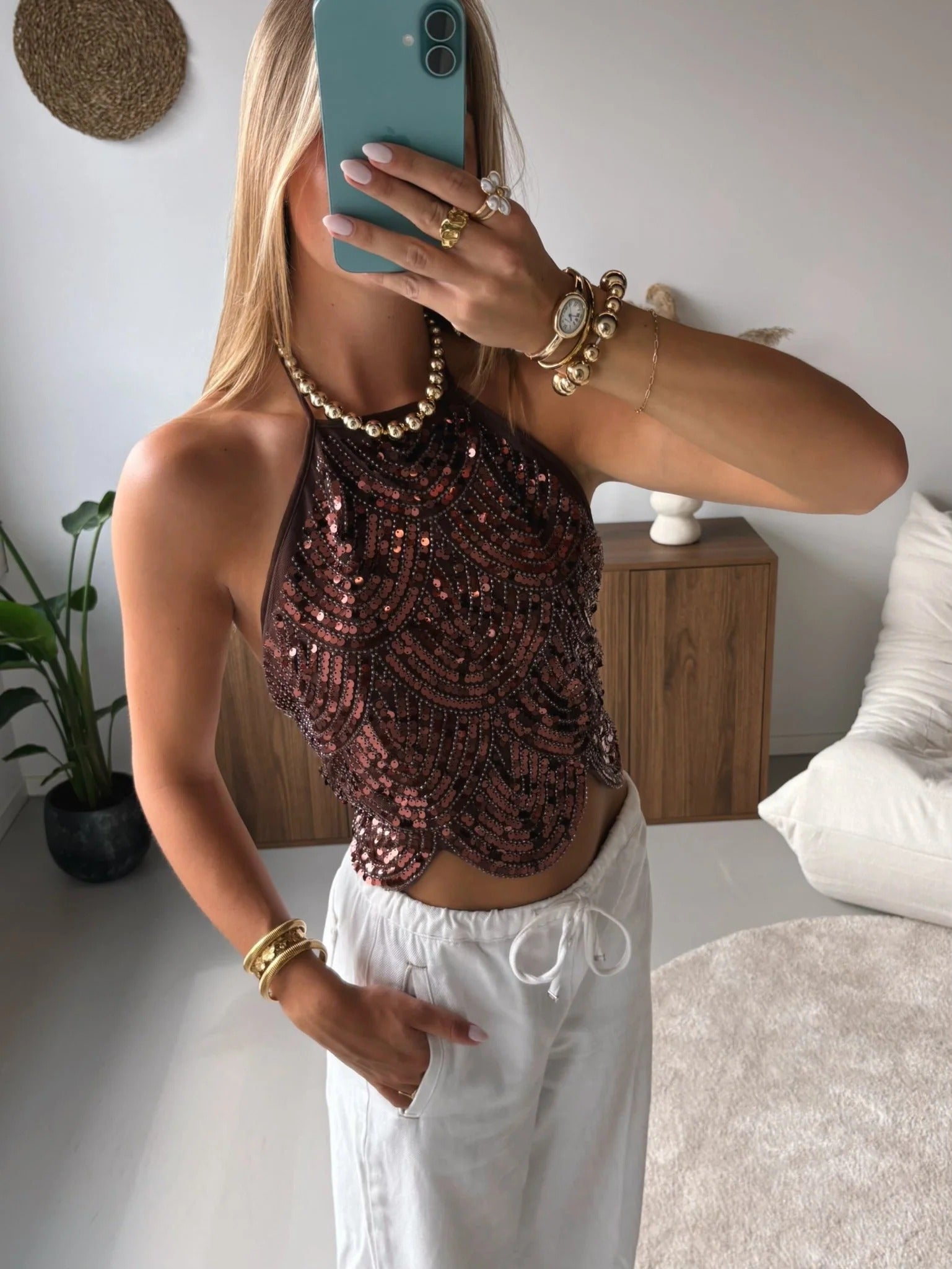 SOERA Sophia Sequin Halter Top - Tops - SOERA-695491-S-BRONZE-63747 Bronze S