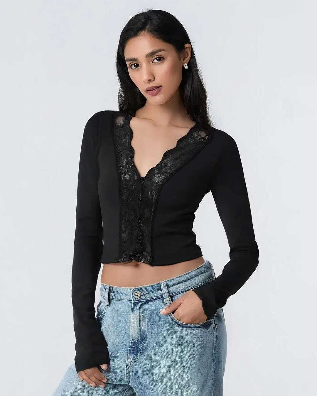 SOERA Victoria Long Sleeve Lace Trim Blouse - Tops -  Black S