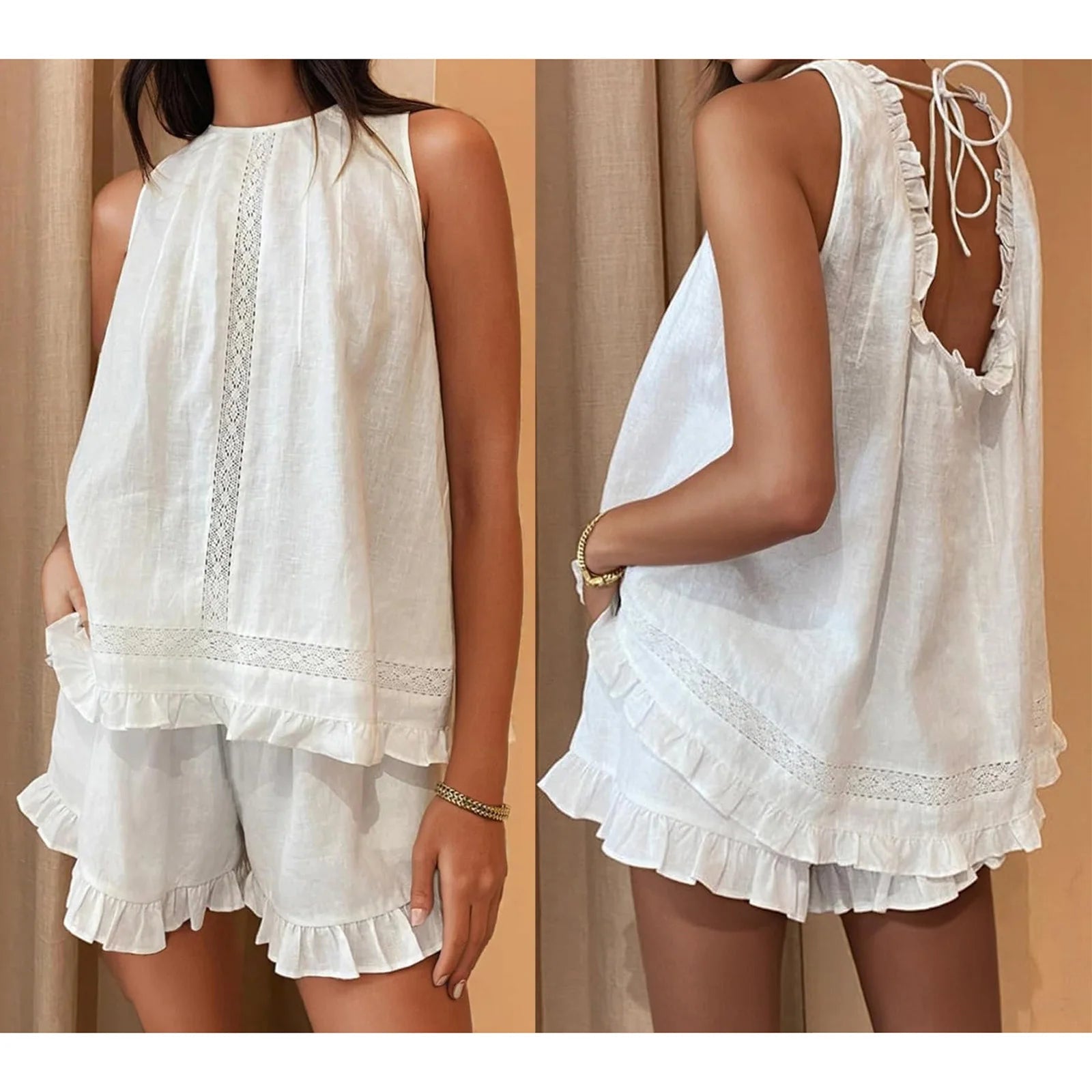 SOERA Dahlia Ruffled Trim Sleeveless Shorts Set - Women's Sets - 1005009740700644-;Av1775118771886915221 White M