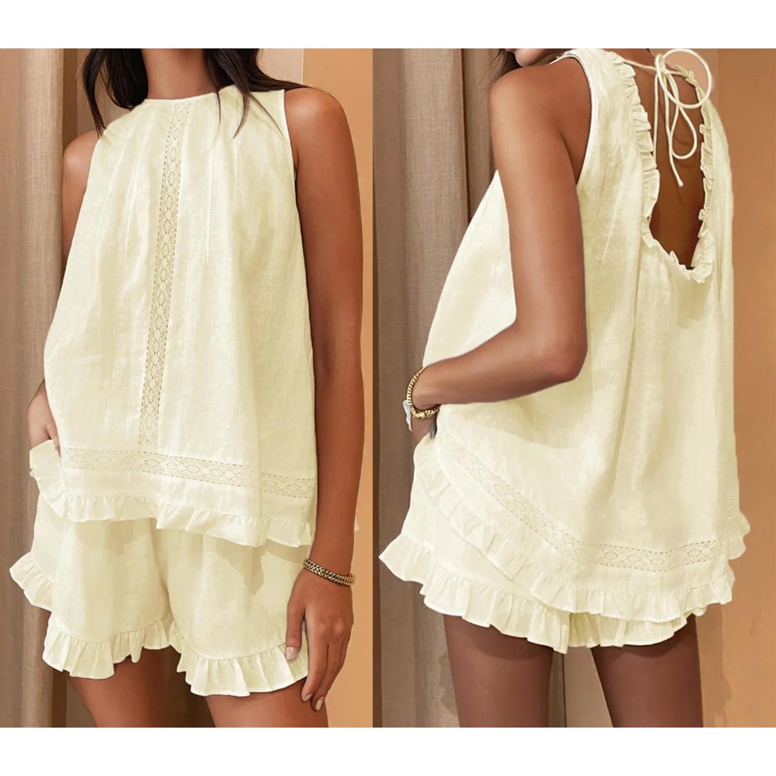 SOERA Dahlia Ruffled Trim Sleeveless Shorts Set - Women's Sets - 1005009740700644-;Pm1775118771886120096 Yellow M