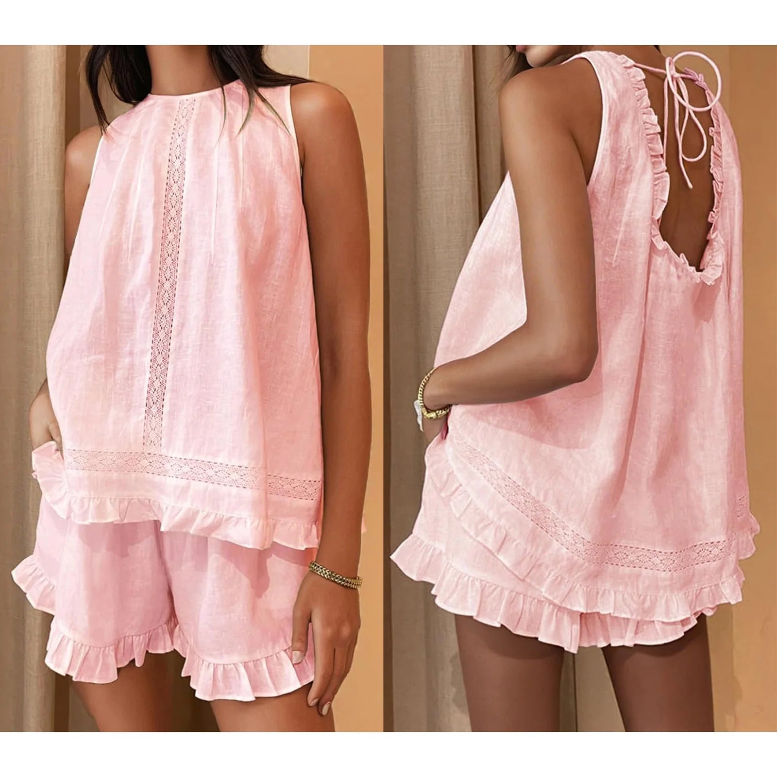 SOERA Dahlia Ruffled Trim Sleeveless Shorts Set - Women's Sets - 1005009740700644-;xz1775118771885810166 Pink M