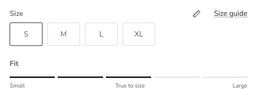 Sara top product page: Size guide appears beside the S, M, L and XL options.